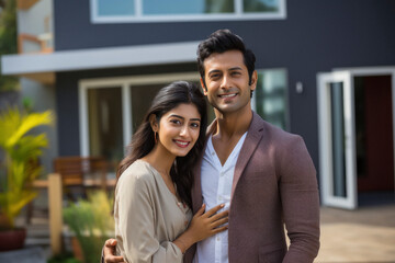 Canvas Print - Young indian couple standing together in front of new home