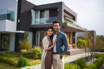 Canvas Print - Young indian couple standing together in front of new home