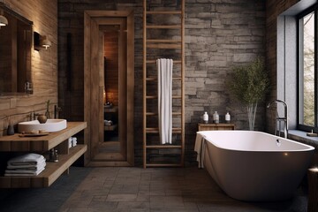 modern farmhouse bathroom with stone and wooden elements