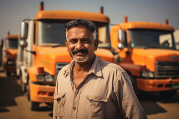 indian male driver standing in front of truck.