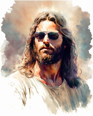 Portrait of a Cool Jesus Christ Wearing Sunglasses, Watercolor, Generative AI