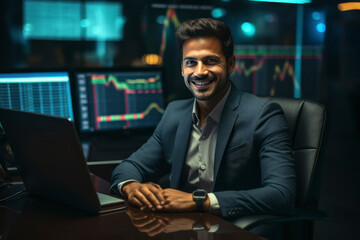 Canvas Print - young and confident businessman in suit and sitting at office.