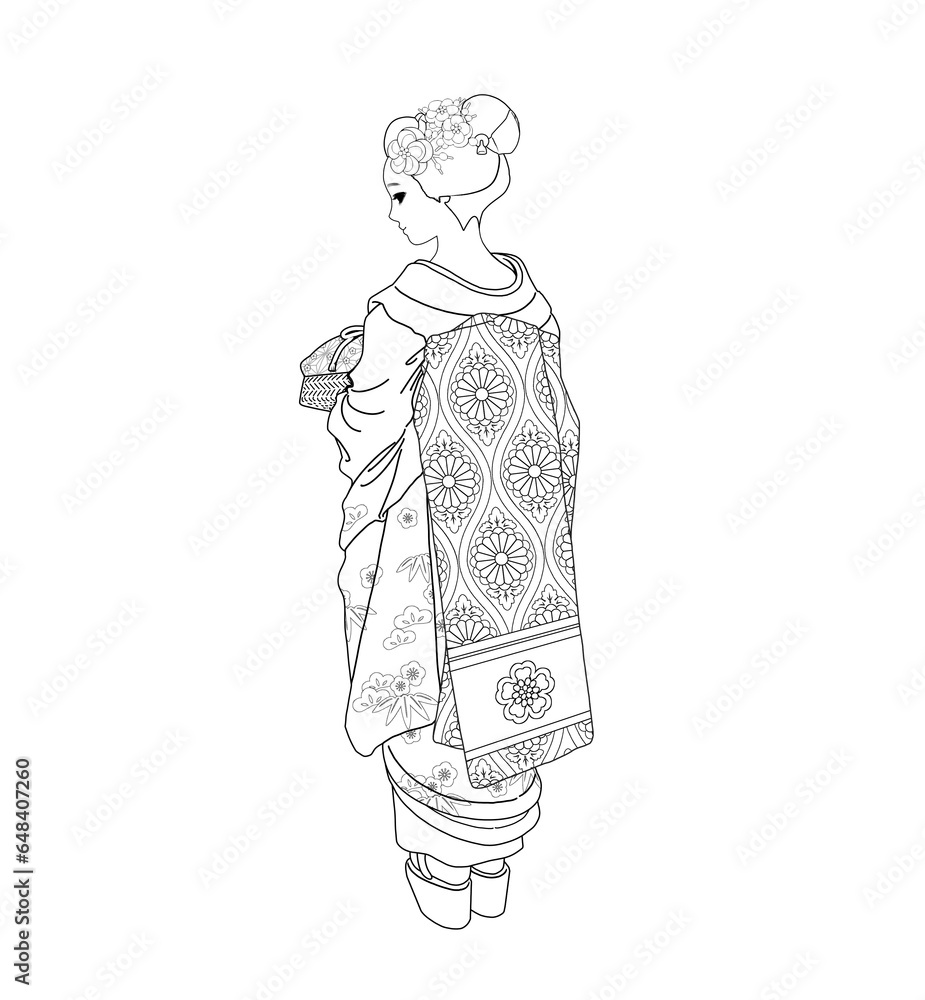舞妓さんの線画・ぬりえ（おふくに梅の花かんざし） Stock