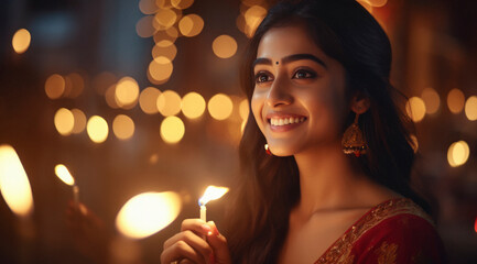 Sticker - Indian woman holding fulzadi or sparkle in hand and celebrate diwali festival.