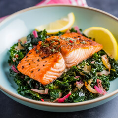 plate of salmon and greens with lemon wedges 2