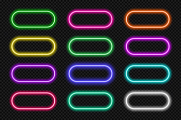 Neon button frames pill set. Glowing coloful rounded rectangle border. Geometric shape action UI elements with copy space. Purple, blue, pink, yellow, green, red color text boxes. Vector illustration.