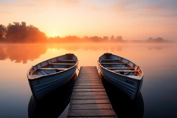 foggy early sunset over a pier on with two boats on a lake