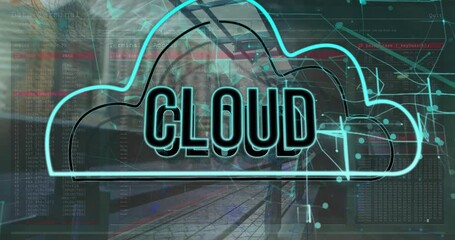 Canvas Print - Animation of cloud text in cloud and connected dots over modern buildings