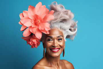 Colorful studio portrait of a middle-aged pacific islander woman with a flower in her hair, pink and blue. Generative AI