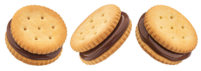 Wall Mural - Sandwich cookies, chocolate cream filled biscuits isolated on white background, full depth of field