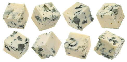 Wall Mural - blue cheese cubes isolated on white background, full depth of field