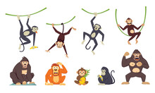 Gorilla Monkey Set. Cartoon Funny Tropical Neanderthal Exotic Primates, Funny Apes In Jungle, Brutal Chimpanzee Charcters. Vector Cartoon Animals Set.