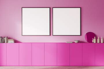 Pink home living room interior with sideboard and decoration, mockup frames