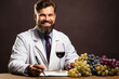 A professional oenologist conducting wine quality test isolated on a gradient background 