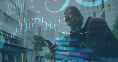 Poster - Animation of multiple graphs, trading board, african american smiling while scrolling on cellphone