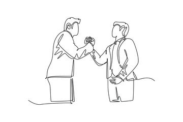 single continuous line drawing young business man handshake his partner or colleague to deal a proje