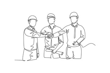 Wall Mural - Single continuous line drawing young builder and architect wearing construction vest and helmet handshake joining their hands together. Great teamwork. One line draw graphic design vector illustration