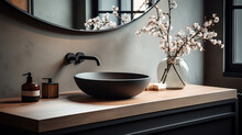 Close Up Chic Bathroom With Oval Sink, Empty Countertop, Wooden Vanity, Black Framed Mirror, Flower And Grey Wall. Generative AI