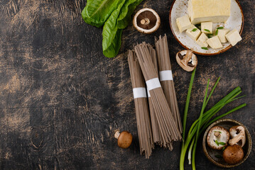 Wall Mural - Raw soba noodles and cooking ingredient