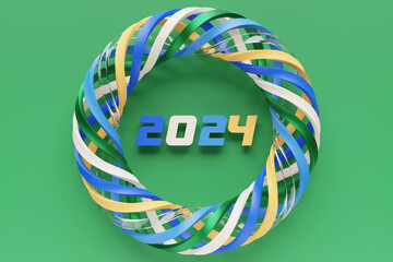 Sticker - Calendar header number 2024 on multicolored torus background. Happy New Year 2024 colorful background.