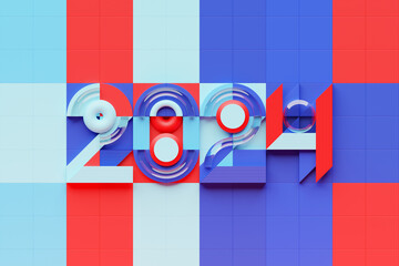 Sticker - 3D illustration inscription 2023 on a colorful background. Changeability of years. Illustration of the symbol of the new year.