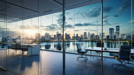  A modern office space with glass walls and city views, illustrating commercial real estate