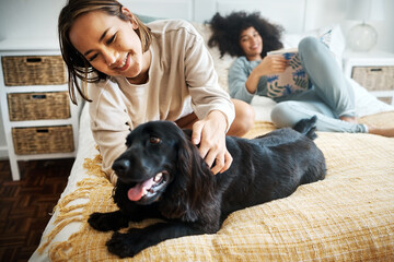 Poster - Pet, bed and happy lesbian couple play in home, morning and relax together in house. Dog, bedroom and gay women with animal, bonding and having fun in healthy relationship, lgbtq connection and care