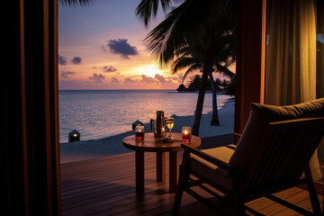 Wall Mural - View from the oceanfront hotel. Romantic evening on a paradise tourist island