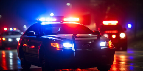 Midnight Chase: Police Car Cutting Through Dense Fog - Blurred Background