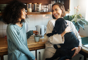 Sticker - Happy, dog and morning with lesbian couple in kitchen for relax, support and care. Canine animal, love and smile with gay women and pet puppy at home for bonding, playful and happiness together