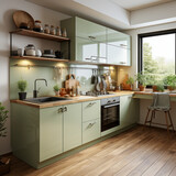 Fototapeta  - Cream and green kitchen cabinet modern urban 
