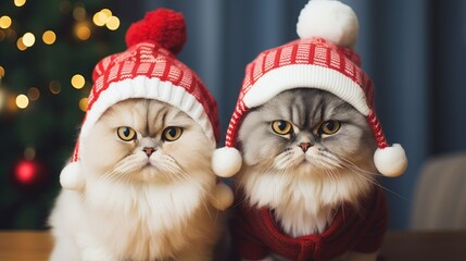 Wall Mural - Couple of cats wearing christmas hats