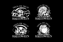 Skull And Gravestone Black White Illustration Badge Logo For Halloween Celebration