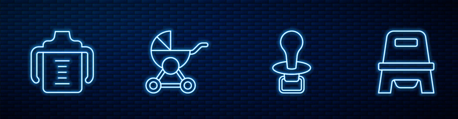 Canvas Print - Set line Baby dummy pacifier, bottle, stroller and potty. Glowing neon icon on brick wall. Vector