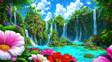 Wall Mural - Paradise landscape with beautiful  gardens, waterfalls and flowers, magical idyllic background with many flowers in eden.