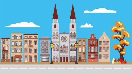 Autumn street in the historical center of the city with a Gothic church and old houses, a cozy urban landscape for a postcard or banner, an illustration in a flat cartoon style.