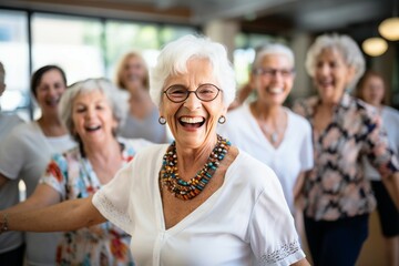 a candid moment captures a joyful group of seniors dancing with vitality, emphasizing companionship 