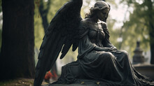 Monument Of Old Angel On Cemetery In Warsaw