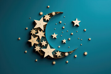 Wall Mural - Ramadan Kareem paper cut composition with gold crescent moon and stars on a blue background