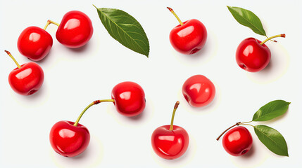 Acerolakirsche und einzelne Blätter und Blüten, isoliert auf weißem Hintergrund, Cherry with generative KI