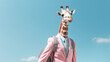 Giraffe in suit and pants with backpack ready for school, in pink and pastel blue. Fashion and school concept