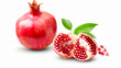 Frische Granatapfel mit einzelnen Blättern und Kerne isoliert auf weißem Hintergrund, Pomegranate with generative KI