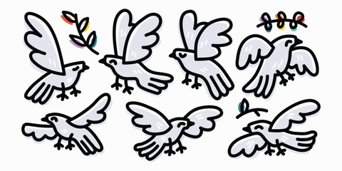 Wall Mural - quirky cute dove cartoon outline vector logo icon illustration set
