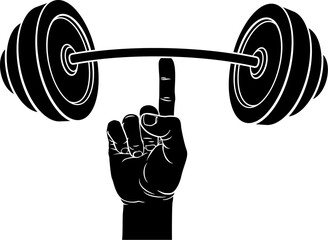 Wall Mural - A super strong weight lifting or weightlifting hand holding a heavy barbell or dumbbell with one finger concept.