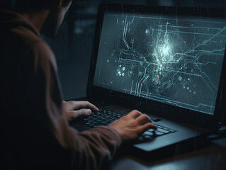 a programmer working on a computer, on a neural network screen, developing a neural network, creatin