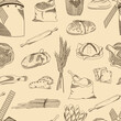 Vector hand drawn seamless pattern of bakery products, wheat and windmill,  ink sketch style background