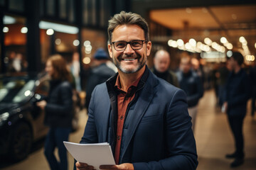 Man stands in dealership and holds contract for the purchase of luxury car