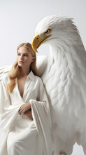 Woman And White Huge Eagle, Gold And White, Clean Background, Fashion Photography. AI Generative