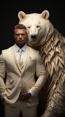 Man and White huge bear, gold and white, clean background, fashion photography. AI generative