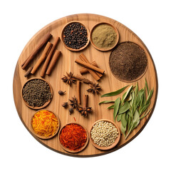 variety of spices arranged on wooden board isolated on transparent background Remove png, Clipping Path